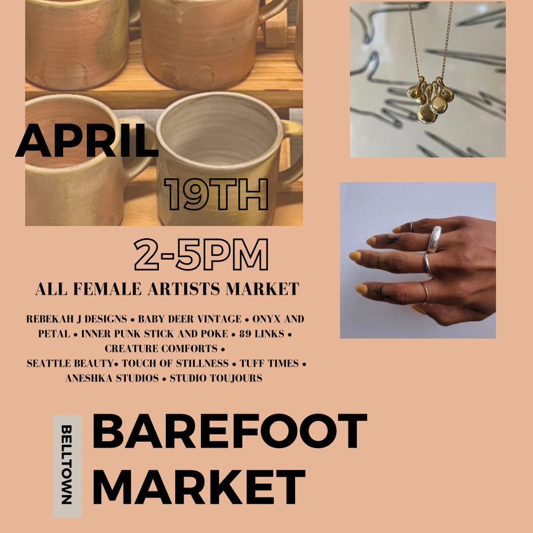 Promotional poster for Barefoot Market event with images of ceramic cups, jewelry, and tattoos.