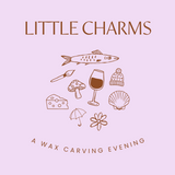 A lavender poster with sketches of objects like a fish, block of cheese, mushroom, etc advertising a charm carving class 