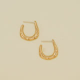 Gold hoop earrings on a beige background