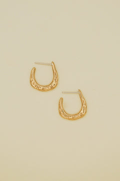 Gold hoop earrings on a beige background